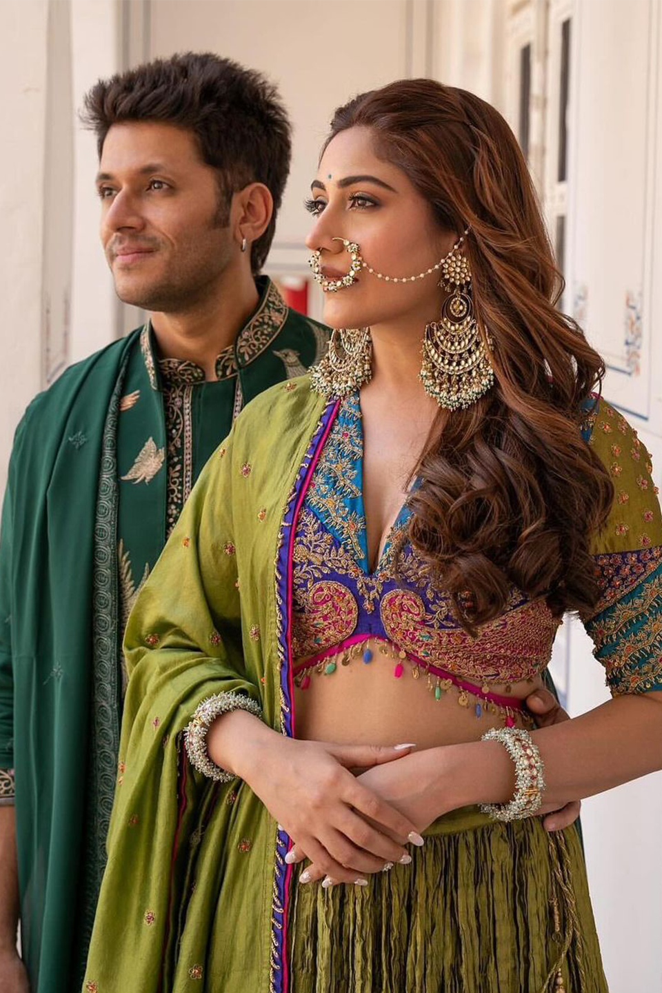 Multi Colour Bird Embroidered Crushed Lehenga
