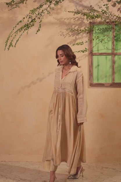 Vaayu Beige Pintuck Collar Kurta Set