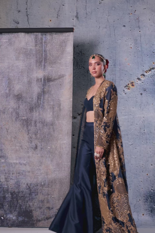 Zar:Rang Blue Long Jacket Set