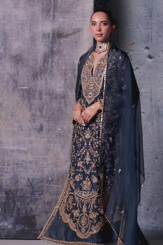 Zar:Rang Blue Long Jaal Kurta Set