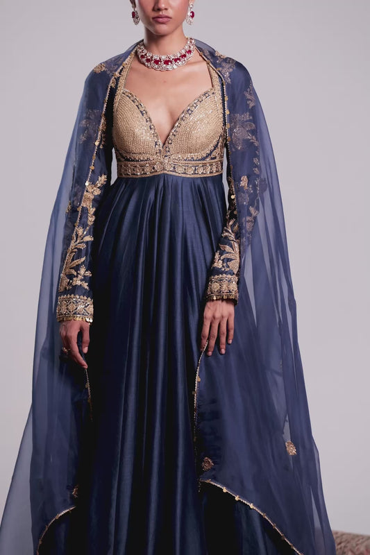Zar:Rang Blue Heavy Yoke Kalidar Set
