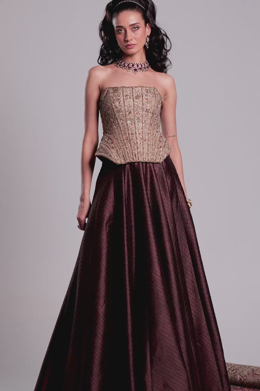 Zar:Rang Brown Panelled Corset Quilted Lehenga Set