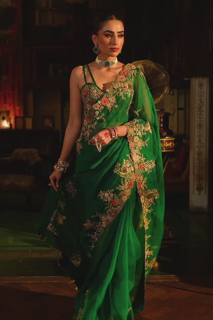 Ahista Green Mayur Applique Cutwork Saree Set