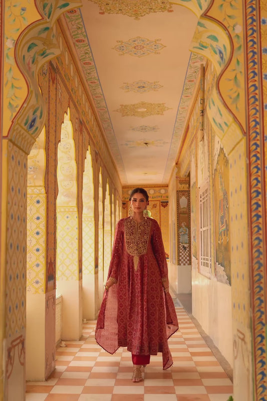 Ahista Maroon Printed Kalidar Set