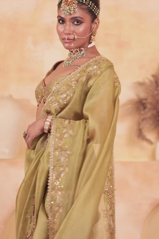 Zar:Rang Olive Green Zardosi Border Saree Set