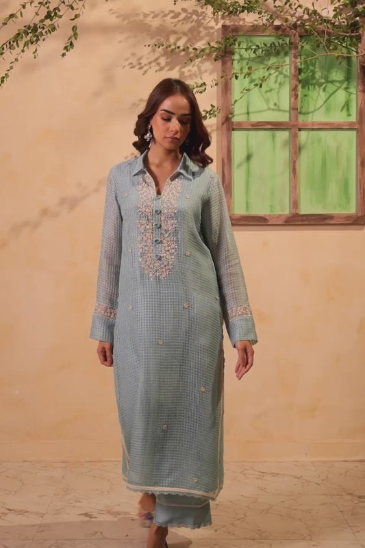 Vaayu Light Blue Collar Kurta Set
