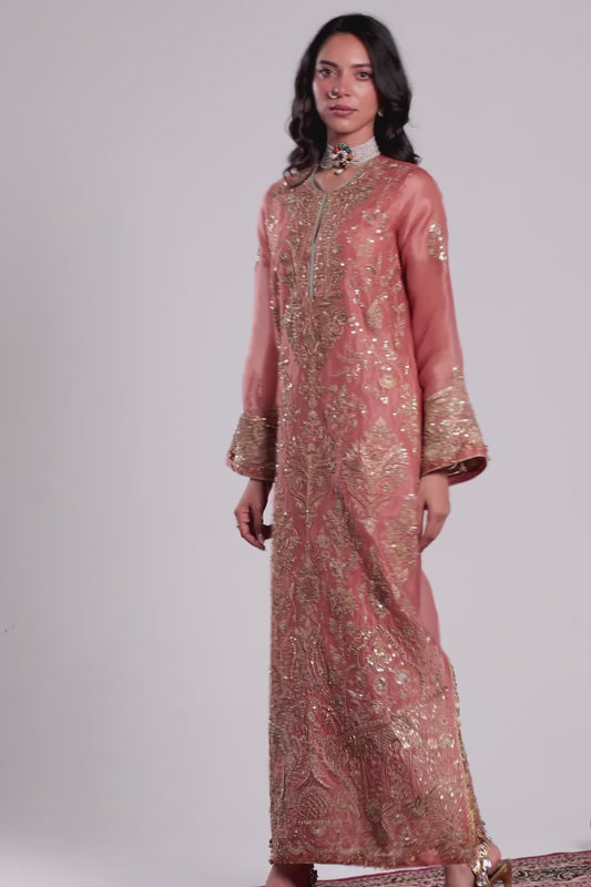 Zar:Rang Peach Heavy Jaal Kaftan Set
