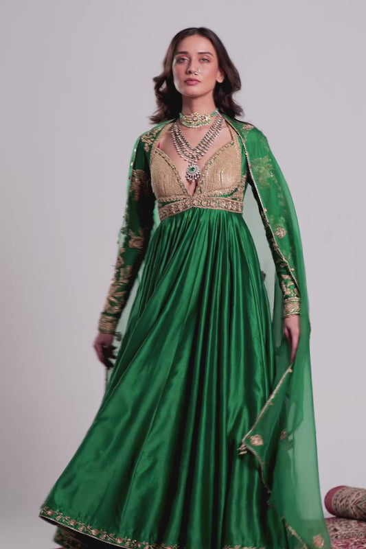 Zar:Rang Green Heavy Yoke Kalidar Set