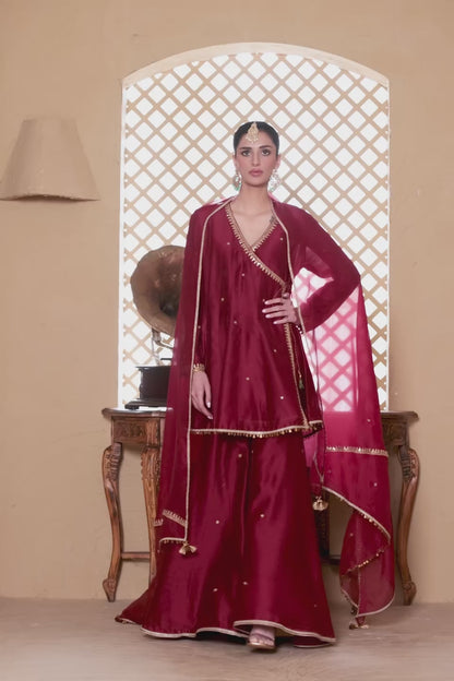 Mehrang Maroon Angrakha Sharara Set
