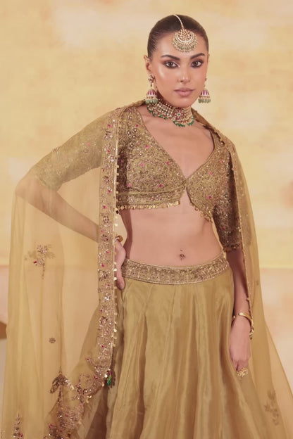 Zar:Rang Olive Green Pakhi Lehenga Set