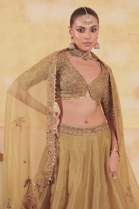 Zar:Rang Olive Green Pakhi Lehenga Set