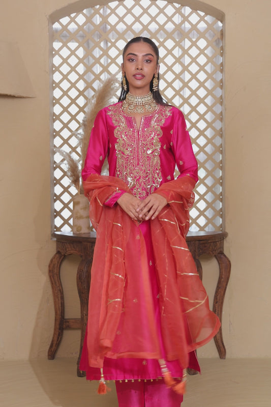 Rangrez Pink Aari Dori Long Kurta Set