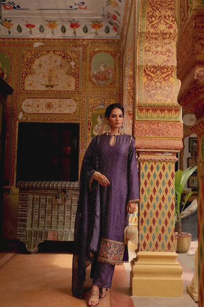 Ahista Purple Printed Mayur Applique Long Kurta Set