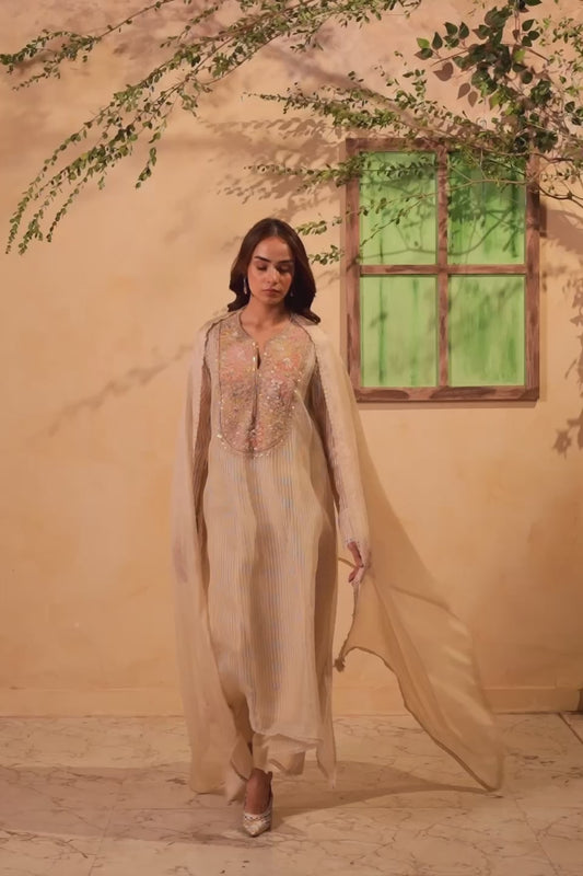 Vaayu Beige Applique Yoke Kurta Set
