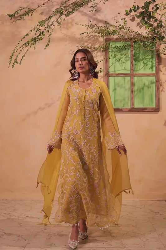 Vaayu Yellow Heavy Jaal Scallop Kurta Set
