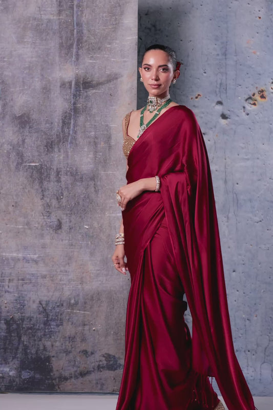 Zar:Rang Maroon Fringe Saree Set