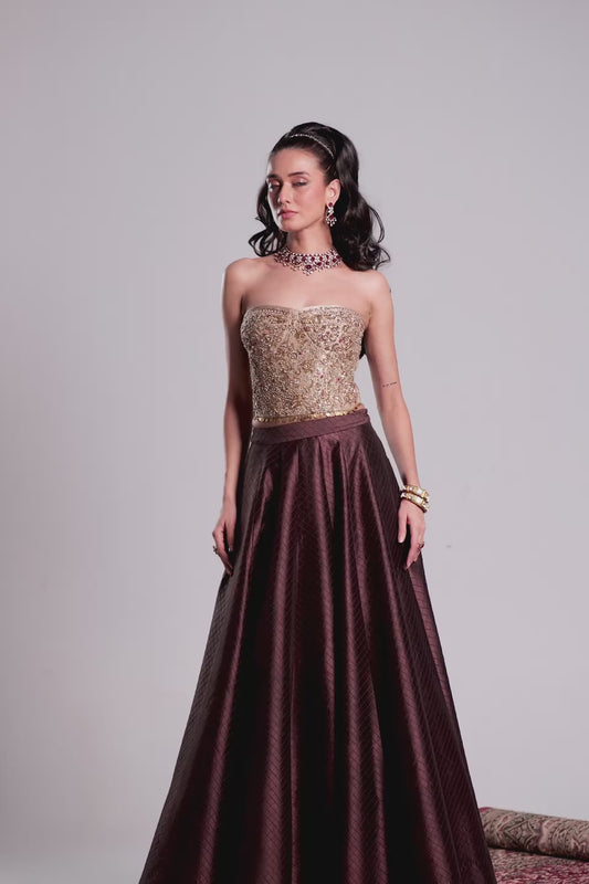 Zar:Rang Brown Corset Quilted Lehenga Set