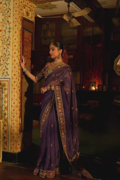 Ahista Purple Mayur Applique Border Saree Set