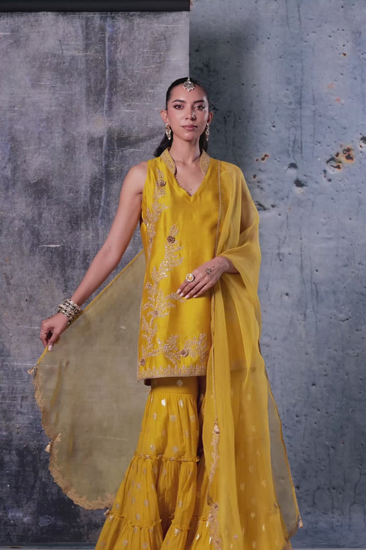 Mehrang Yellow Sleeveless Sharara Set