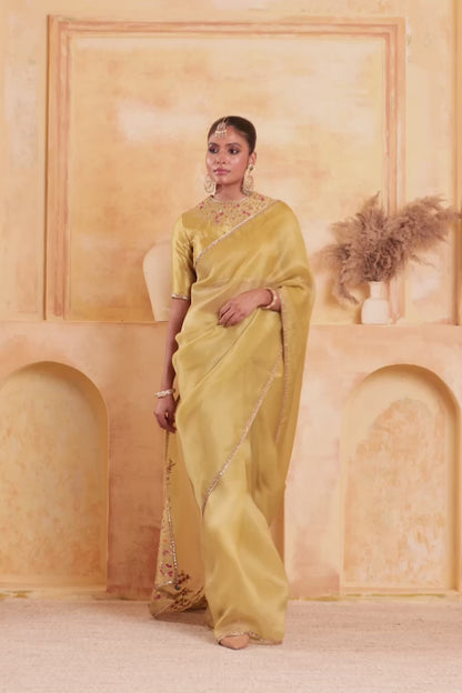 Zar:Rang Olive Green Multicolor Resham Saree Set