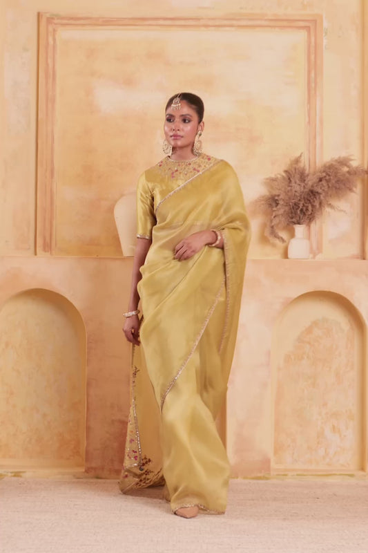 Zar:Rang Olive Green Multicolor Resham Saree Set