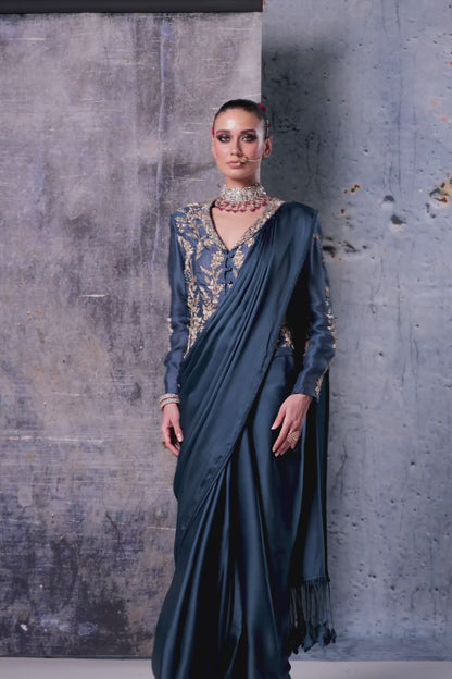 Zar:Rang Blue Jacket Saree Set