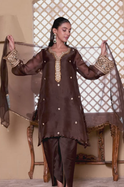 Zar:Rang Brown Short Kurta Set