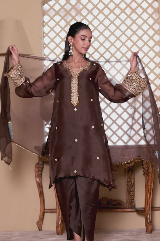 Zar:Rang Brown Short Kurta Set