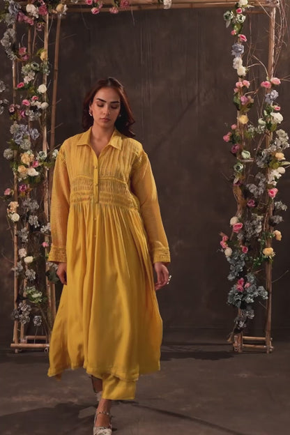 Vaayu Yellow Pintuck Collar Kurta Set