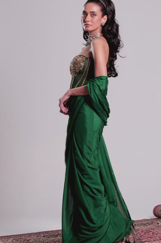 Zar:Rang Green Zardosi Corset Saree Set