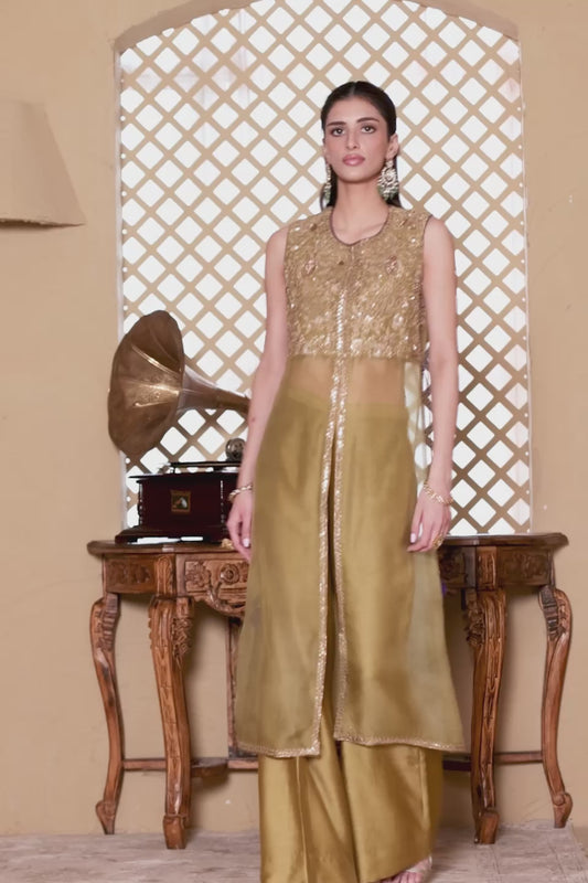 Mehrang Olive Green Tie-up Sleeveless Kurta Set