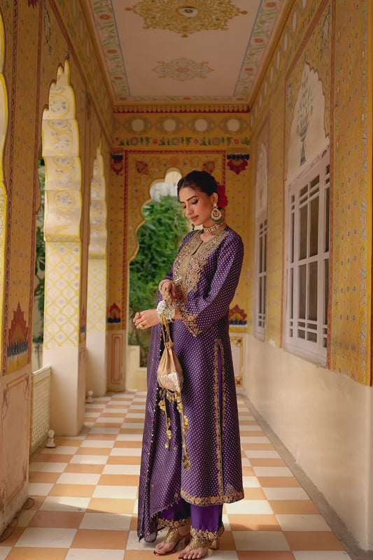 Ahista Purple Printed Pakhi Yoke Heavy Straight Kurta Set