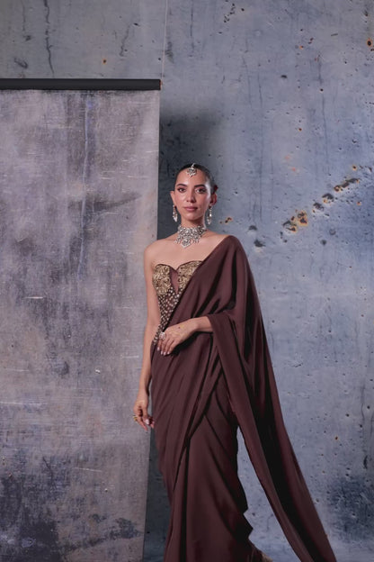 Zar:Rang Brown Corset Saree Set