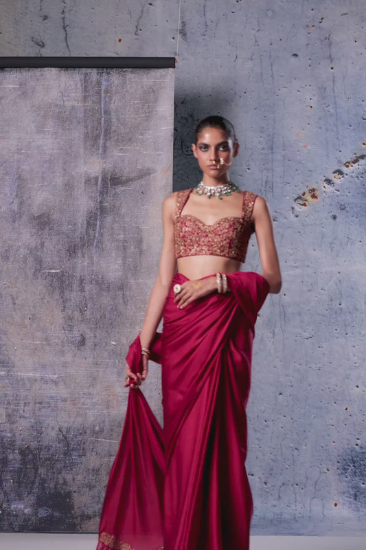 Zar:Rang Maroon Heavy Fringe Saree Set