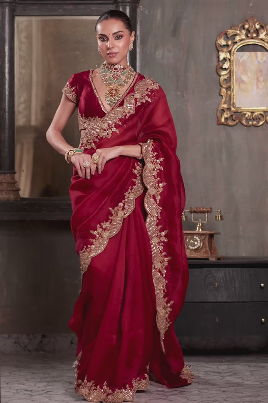 Zar:Rang  Maroon Scallop Border Saree Set