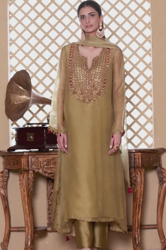 Mehrang Olive Green Heavy Neck Kurta Set