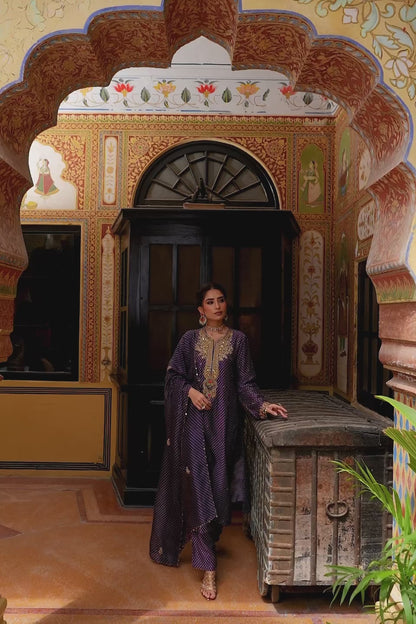 Ahista Purple Printed Pakhi Yoke Straight Kurta Set