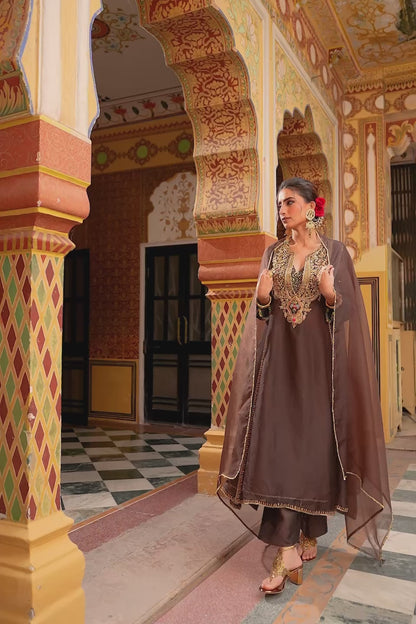 Ahista Brown Pakhi Yoke Pheran Long Kurta Set