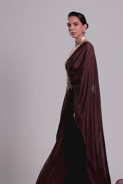 Zar:Rang Brown Double Corset Saree Set