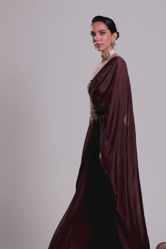Zar:Rang Brown Double Corset Saree Set