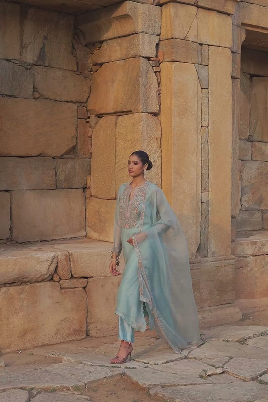 Vaayu Light Blue Heavy Neck Kurta Set