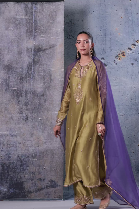 Mehrang Olive Green Straight Long Kurta Set