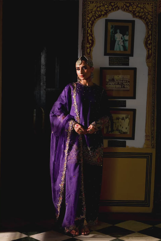 Ahista Purple Mayur Applique Short Kurta With Heavy Dupatta