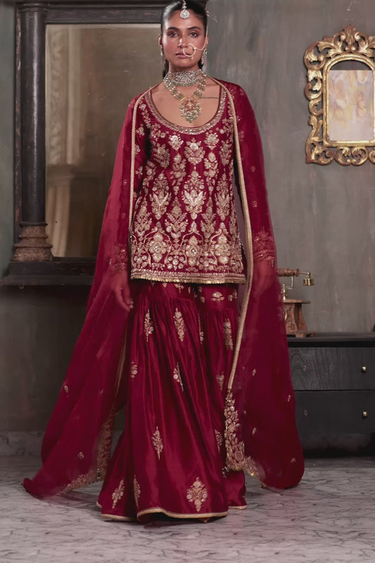 Zar:Rang Maroon Sharara Set