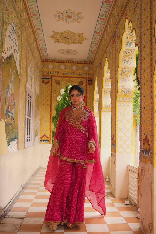 Ahista Pink Printed Angrakha Sharara Set