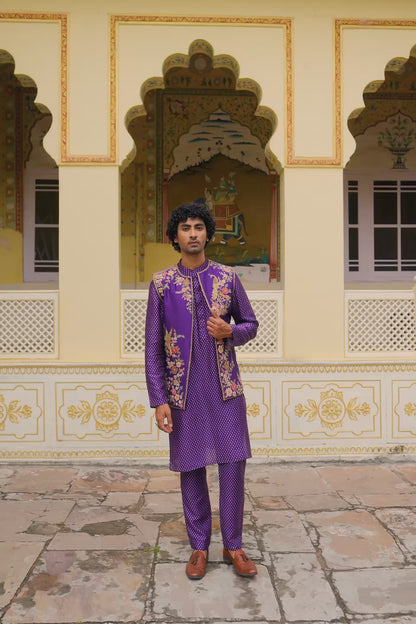 Ahista Purple Mayur Applique Bandi Kurta Set