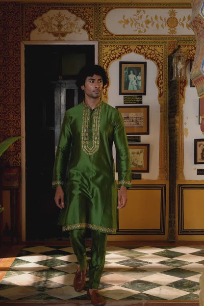 Ahista Green Tikki Embroidered Neckline Kurta Set