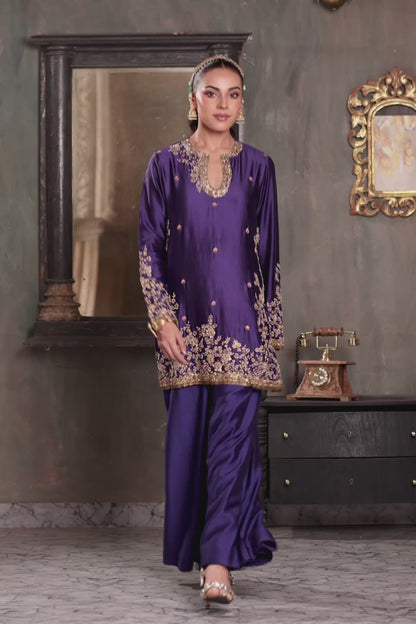 Zar:Rang Purple Short Jaal Kurta Set