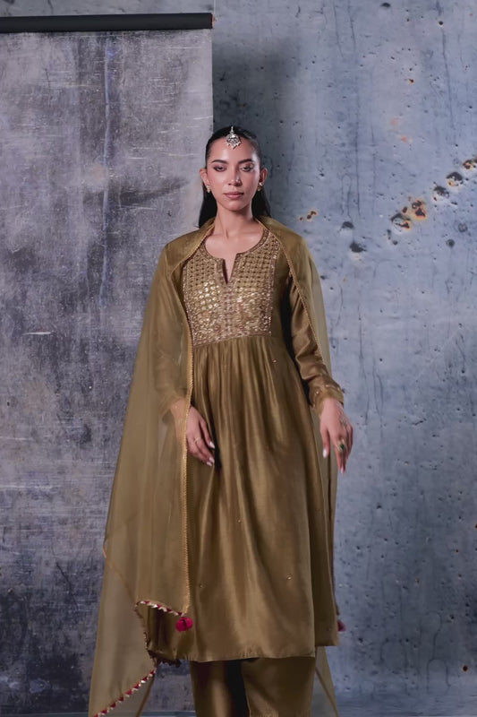 Mehrang Olive Green Frockstyle Kurta Set