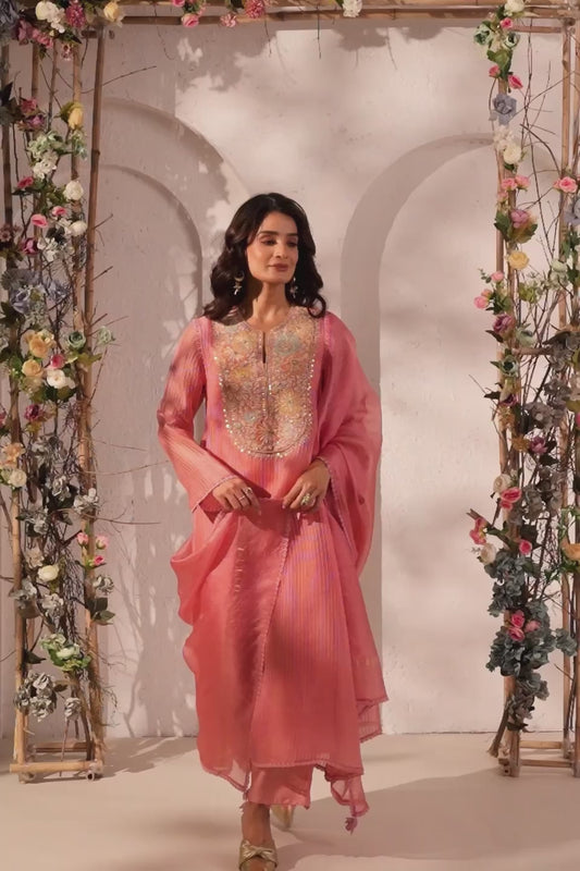 Vaayu Pink Applique Yoke Kurta Set